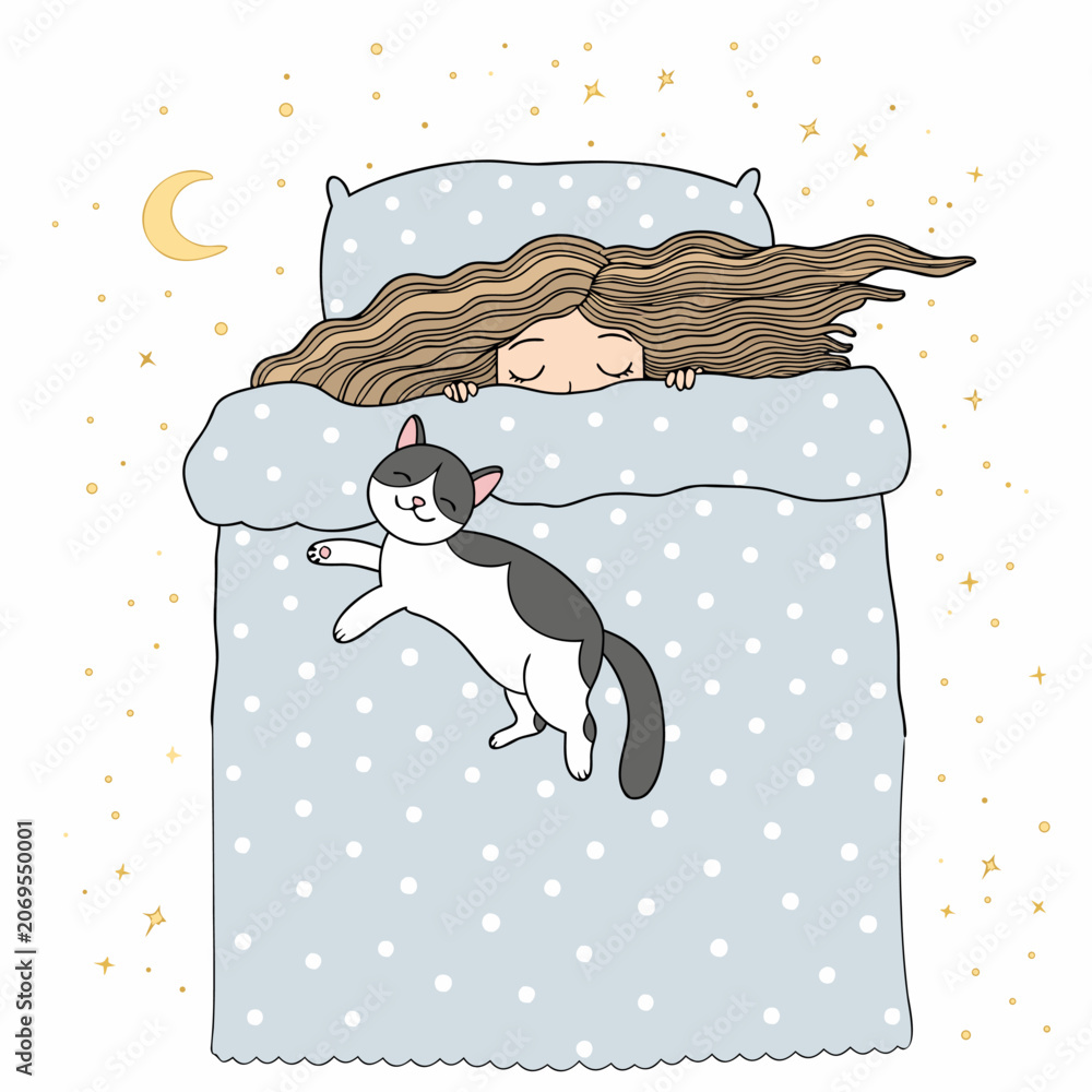 Fototapeta premium cat and girl are sleeping, animated cat and girl