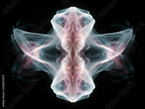 Ethereal translucent smoke form with pink and blue hues against black background