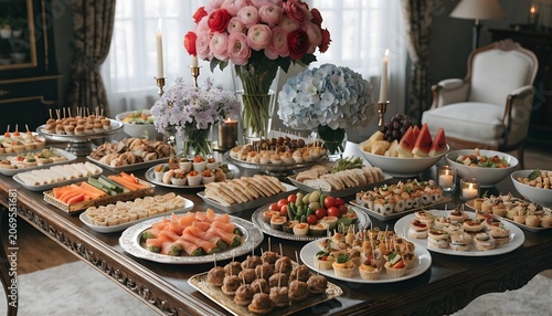 Elegant buffet table with assorted appetizers and floral decorations