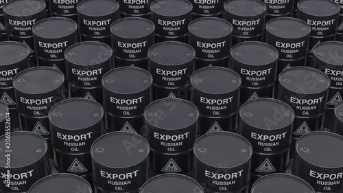 Rows of Russian oil export barrels symbolize global energy trade and geopolitical markets. Ideal for news and finance content. Seamless loop animation, part of series. 4k, Ultra HD 3840x2160