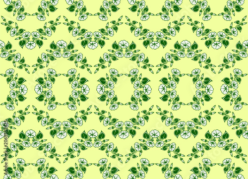 Seamless floral pattern. Wallpaper of morning glory and blue morning glory flowers on a light green background. Vector illustration.