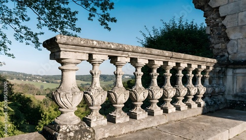 Ancient stone balustrade with balusters along scenic outdoor terrace