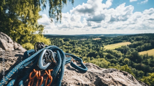 Climbing rope and carabiners on a rock with a stunning natural landscape view under a cloudy sky