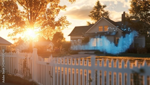 Digital Data Visualization over Suburban Smart Home at Golden Hour Sunset, Real Estate Technology Concept