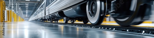 Modern train wheels on tracks in an industrial subway station with a reflective floor and motion blur, low angle.