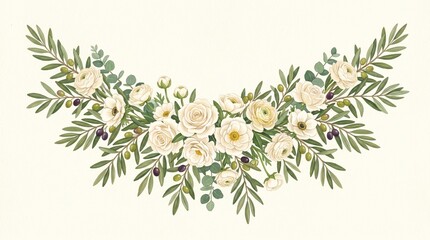 Beautiful floral arrangement with white roses and green leaves on cream background