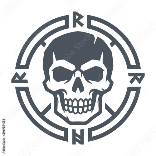 Tableau sur toile Stylized human skull within runic circular border logo.