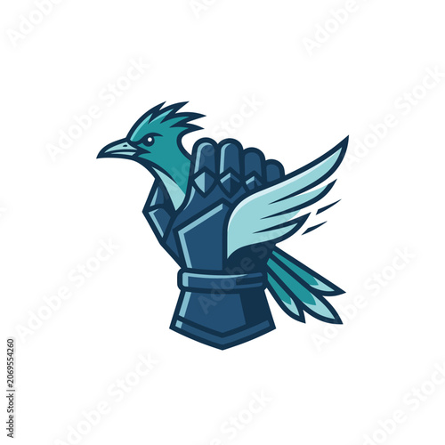 Konstfotografi Armored gauntlet fist with blue wings and bird head.