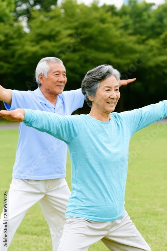 Japanese Retired Couple Enjoying Morning Exercise
