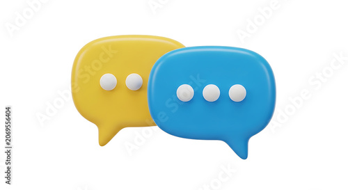 Two 3d speech bubbles in yellow and blue colors with white dots representing communication and digital messaging concepts