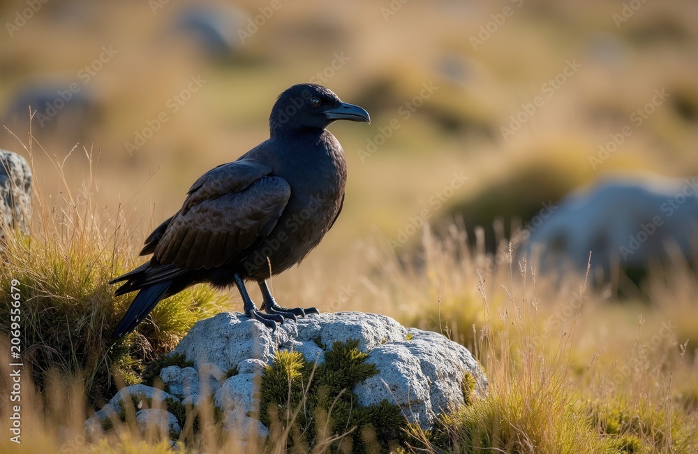 Fototapeta premium Dark crow bird sits on rock in grassy field during daytime. Animal watches intently, focused gaze. Soft sunlit background shows blurred landscape.