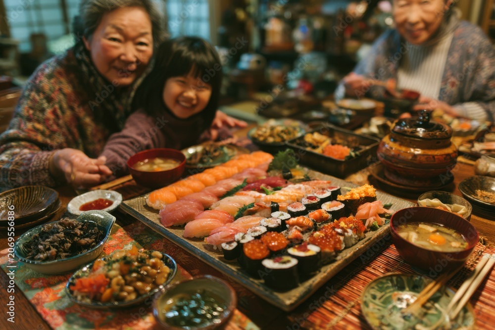 Obraz premium Family Sharing Sushi Meal in Japanese Home
