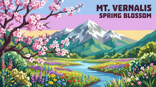 Blooming orchard with flowering trees and distant mountains under a bright spring sky