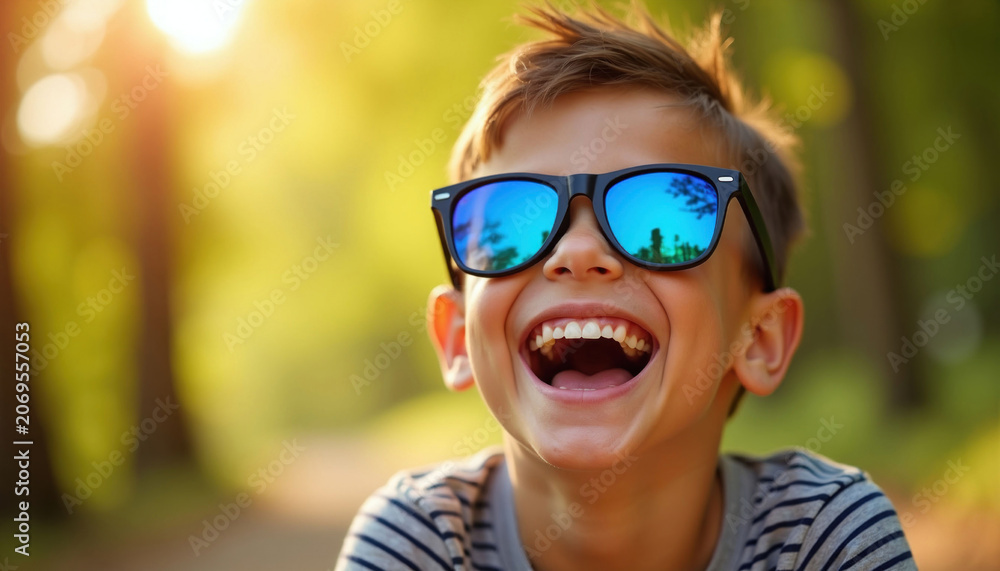 Fototapeta premium Close up of happy boy in sunglasses laughing outdoors. Young child enjoys bright sunny day, feels joy and excitement in park. Fun summer vibes.