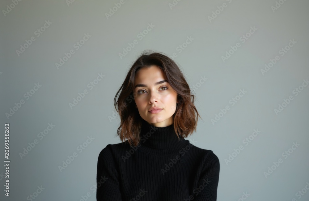 Obraz premium Young woman with short brown hair looks directly ahead. She wears a black turtleneck sweater against a plain grey background. Face is well lit, soft natural light.