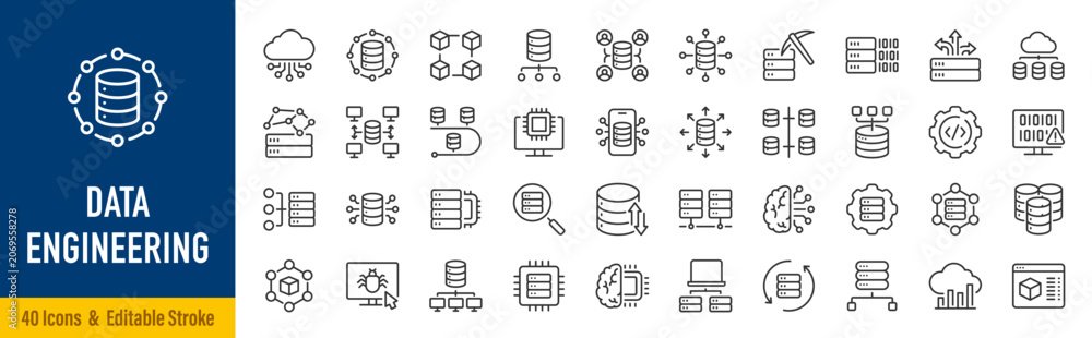 Naklejka premium Data Engineering Web Icons in Line Style. Data Pipeline, Big Data, ETL, Database, Cloud, Analytics, Processing, Infrastructure Collection. Editable Stroke. Vector.
