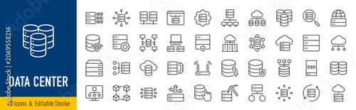 Data Center line icons in editable stroke style. Cloud computing, server, storage, network, database, cybersecurity, infrastructure, hosting collection. Vector