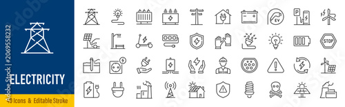 Electricity Web Icons in Line Style. Power, Energy, Electricity, Voltage, Current, Power Grid, Renewable Energy, Charging Collection. Editable Stroke. Vector.