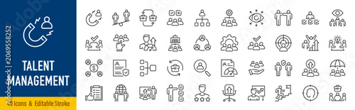 Talent Management Web Icons in Line Style. Recruitment, Hiring, HR, Employee Development, Performance, Leadership, Workforce Planning Collection. Editable Stroke. Vector.