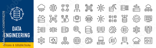 Data Engineering Web Icons in Line Style. Data Pipeline, Big Data, ETL, Database, Cloud, Analytics, Processing, Infrastructure Collection. Editable Stroke. Vector.