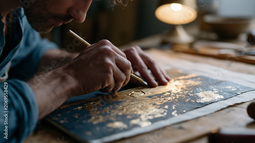 Hand bookbinder's close-up of fingers pressing a gold leaf initial into a leather spine with a heated finishing tool, binding bench illuminated by a focused warm lamp, artisan