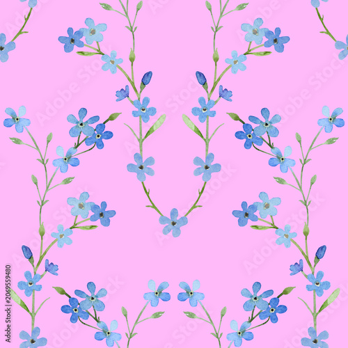 Symmetrical watercolor pattern of blue forget-me-nots on a pink background. Seamless design.