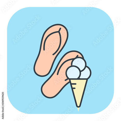 Flat vector icon of beach flip-flops with a sweet ice cream cone. Illustrations for summer and vacation design