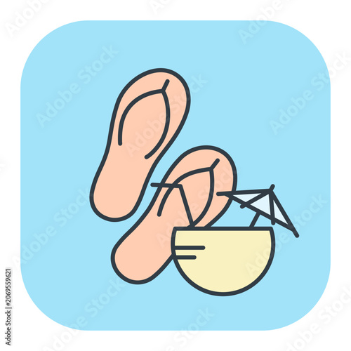 Flat vector icon of beach flip-flops with a refreshing coconut cocktail. Illustrations for summer and vacation design