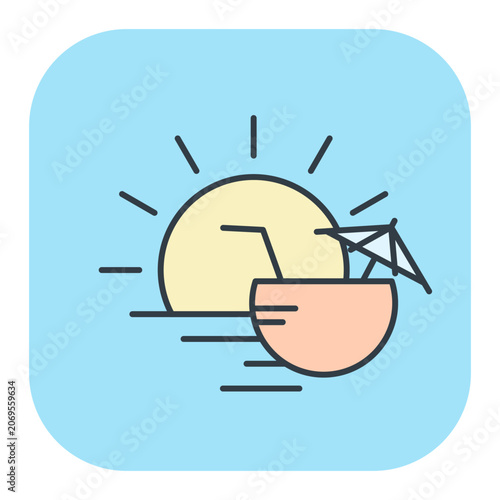 Flat vector icon of a coconut cocktail against a tropical sunset background. Illustrations for summer and vacation design
