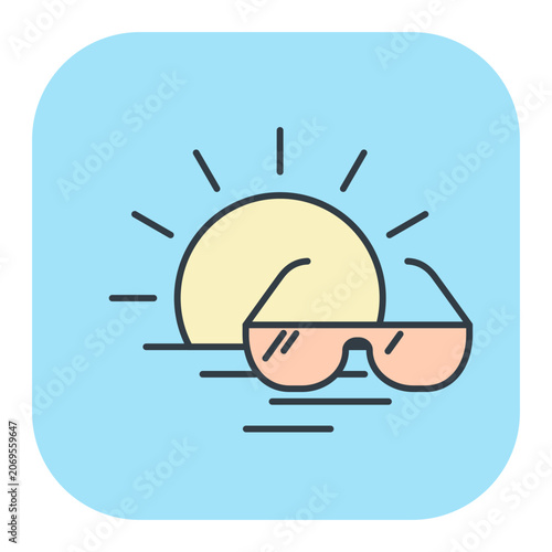Flat vector icon of stylish sunglasses against a tropical sunset background. Illustrations for summer and vacation design