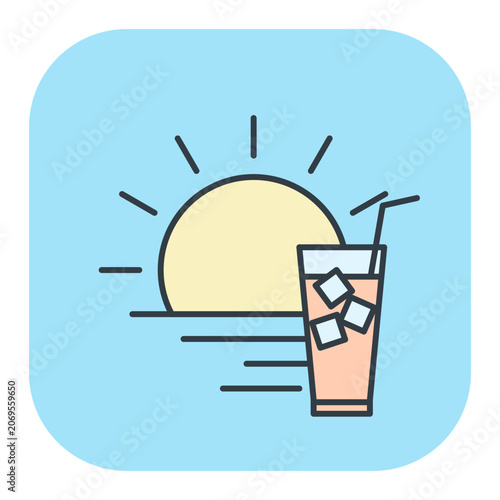 Flat vector icon of a cold summer cocktail against a tropical sunset background. Illustrations for leisure and vacation design