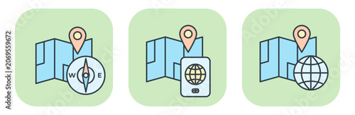 Flat vector icon set of travel navigation tools including maps, compass, and passport. Illustrations for vacation design