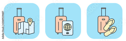 Flat vector icon set of travel luggage with map, passport, and sandals. Illustrations for summer and vacation design