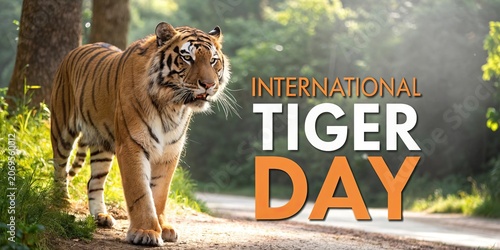 International Tiger Day poster with walking tiger in forest