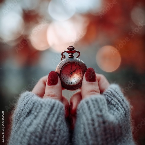 Woman holding vintage pocket watch with autumn leaves background  