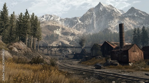 Scenic Mountain Industrial Landscape with Old Steam Train, Rustic Buildings, and Snowy Peaks Under an Overcast Sky