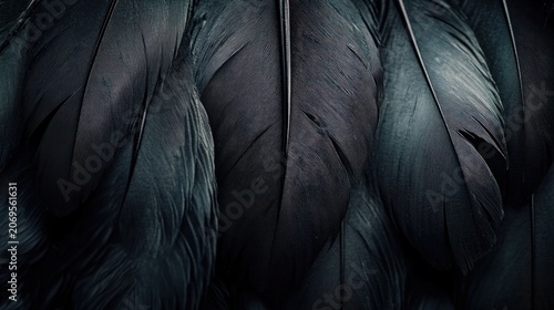 Close-up of elegant black bird feathers showing intricate natural texture and dark patterns, perfect for background or abstract designs.