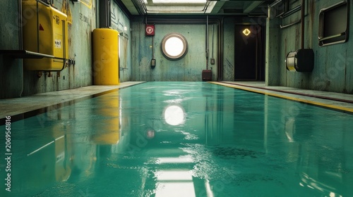 Flooded Industrial Facility Interior with Green Water on Floor