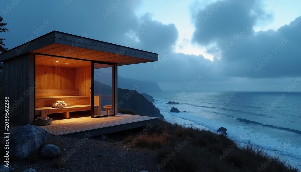 Naklejka premium Modern wooden sauna with large glass wall facing ocean waves. Interior glows warm light. Cliffside structure offers serene relaxation and sea views. Perfect for spa or resort advertising.