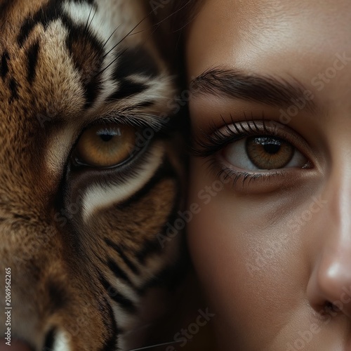 Woman and tiger with intense gaze, focusing on eyes in closeup  