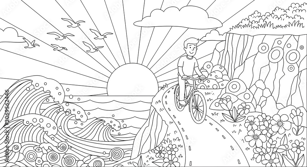 Obraz premium Line Art Illustration of a Young Boy Riding a Bicycle on a Scenic Coastal Path at Sunrise with Waves and Flowers