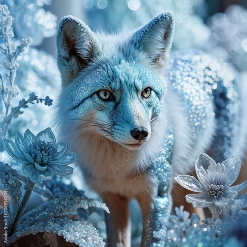 Arctic fox standing among blue flowers with sparkling details  