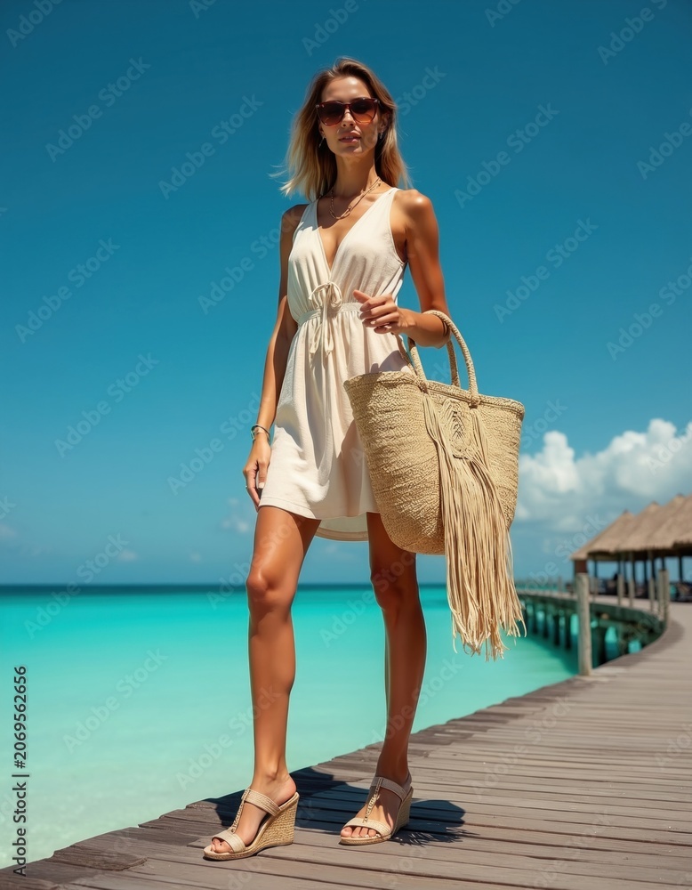 Fototapeta premium Woman in beige linen dress with wedges, straw bag stands on wooden pier over turquoise ocean. Sunny day at tropical beach resort, clear blue sky. Elegant fashion model posing confidently for camera.