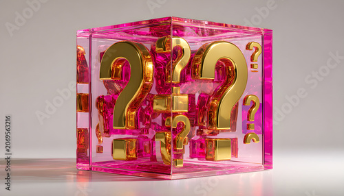 Colorful pink glass cube with golden question marks rotates, showcasing different angles and reflections, creating a visually engaging display of curiosity and intrigue in a minimalist setting