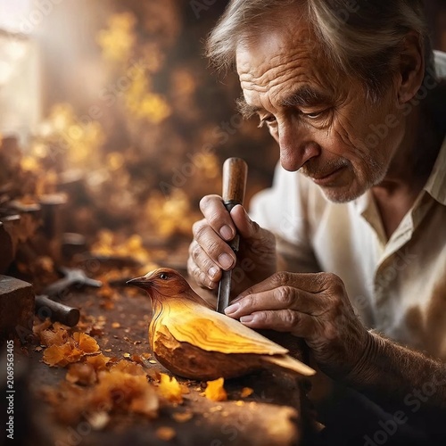 Elderly man carving a wooden bird in workshop with warm sunlight  