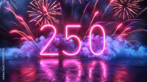 250 year anniversary milestone, celebratory neon typography, patriotic firework design, anniversary commemorative graphic, 250 anniversary neon sign, glowing milestone numbers, fes