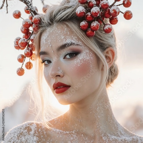 Young woman with festive hair and frosty makeup in winter landscape  