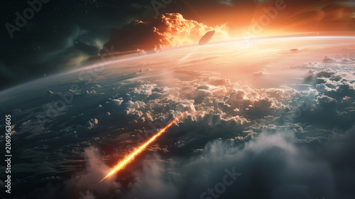 Meteor impact event, comet entering Earth atmosphere, dramatic asteroid reentry, cosmic disaster concept, celestial object striking planet, atmospheric fire trail, apocalyptic scie