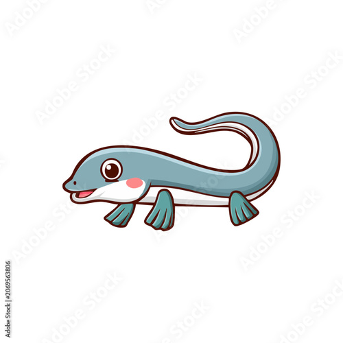 Cute Cartoon Salamander Prehistoric Fish Creature Illustration Isolated on White Background