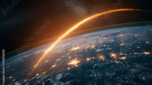 Rocket launch trajectory from Earth, orbital space mission, glowing atmospheric ascent, ballistic missile path, spacecraft breaking through atmosphere, cosmic launch streak, high-speed projectile in s